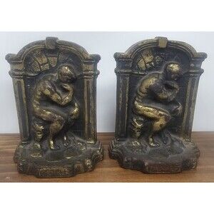 Vintage Rodin The Thinker Cast Metal Bookends Full Figure Deep Thought Heavy